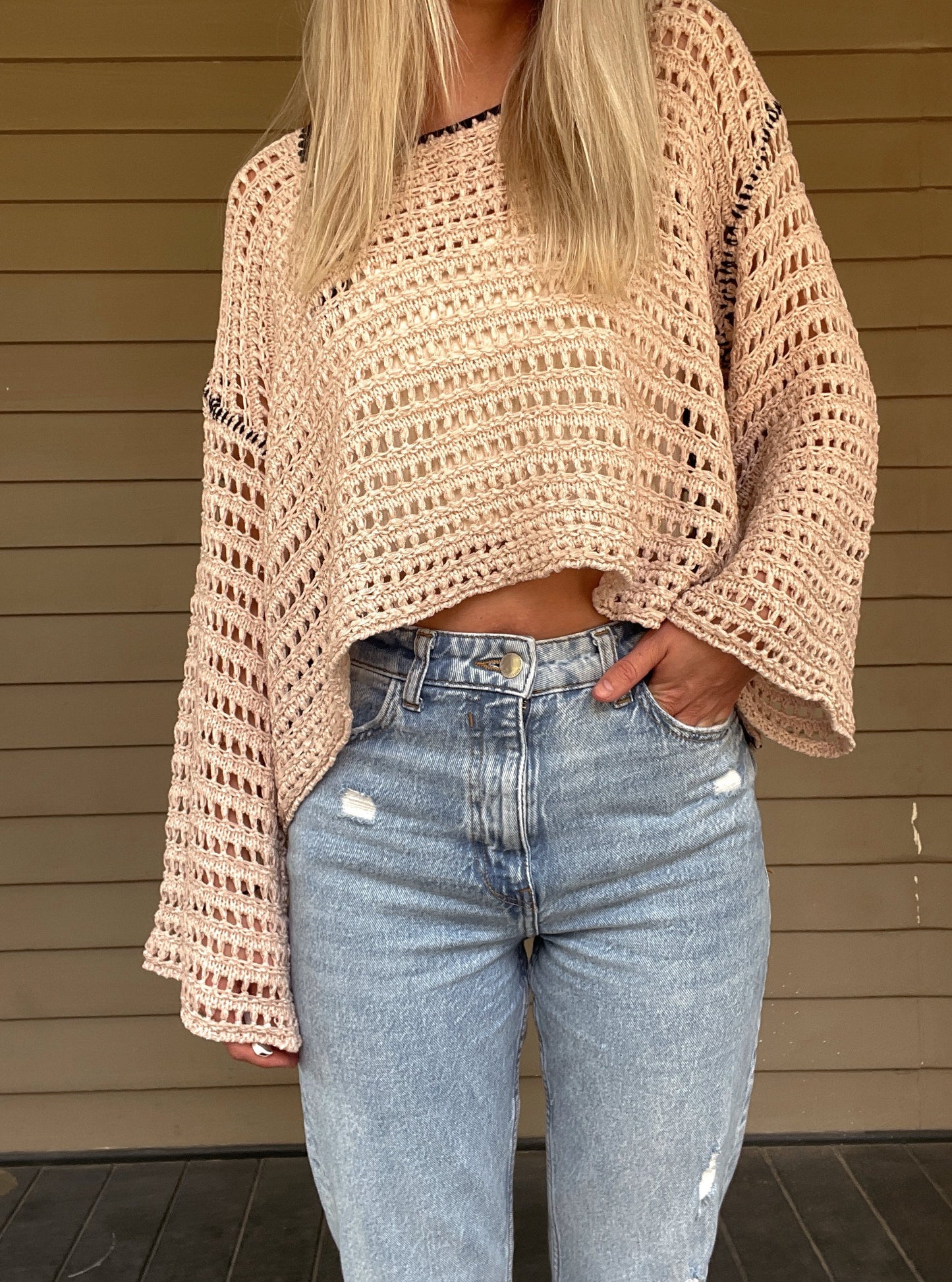 True Romance Open Knit Sweater - Taupe Open Knit Sweater Tie Back Crochet Top 53% Acrylic, 47% Nylon Color: Taupe Look stylish and feel relaxed with this taupe True Romance Open Knit Sweater. Crafted with a delicate crochet top, this sweater is the perfect piece to keep you comfortable and fashionable. The classic design makes it easy to pair with any outfit for a stunning look.