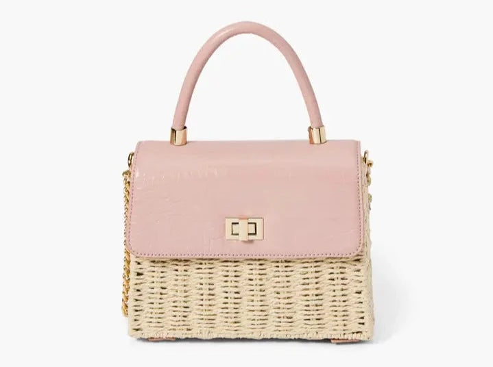 A chic mini satchel shoulder purse composed of a sturdy woven straw body. Also incorporates faux croc vegan leather detailing on the front flap and structured single top handle.