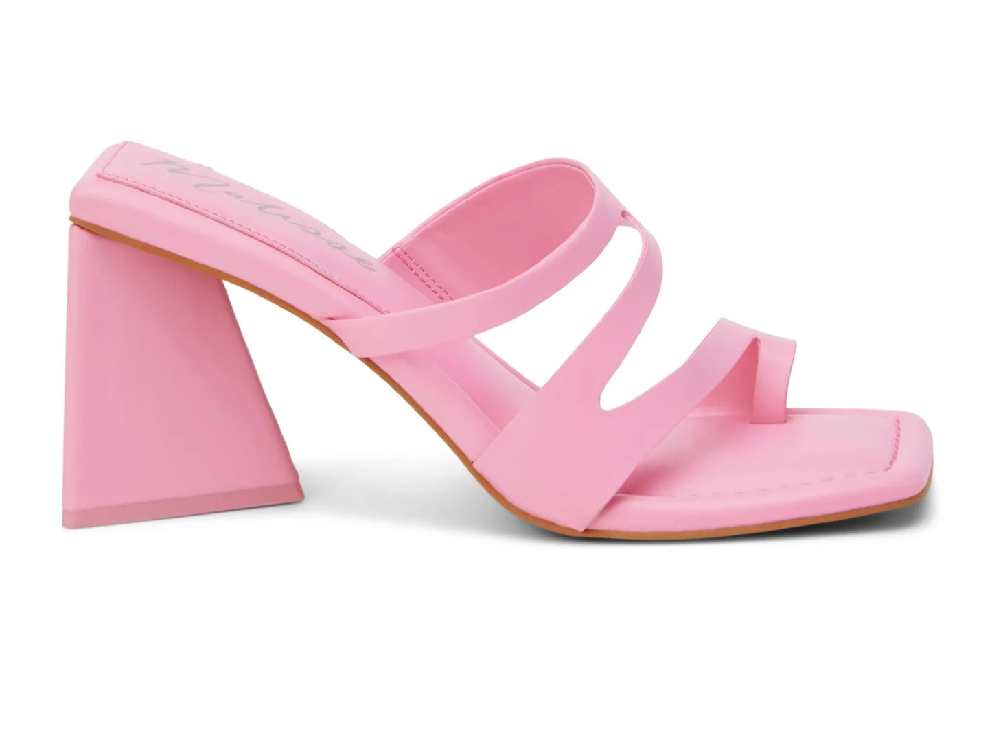 Vegan, heeled sandal with asymmetrical upper and triangular heel, pink heels, pink shoes