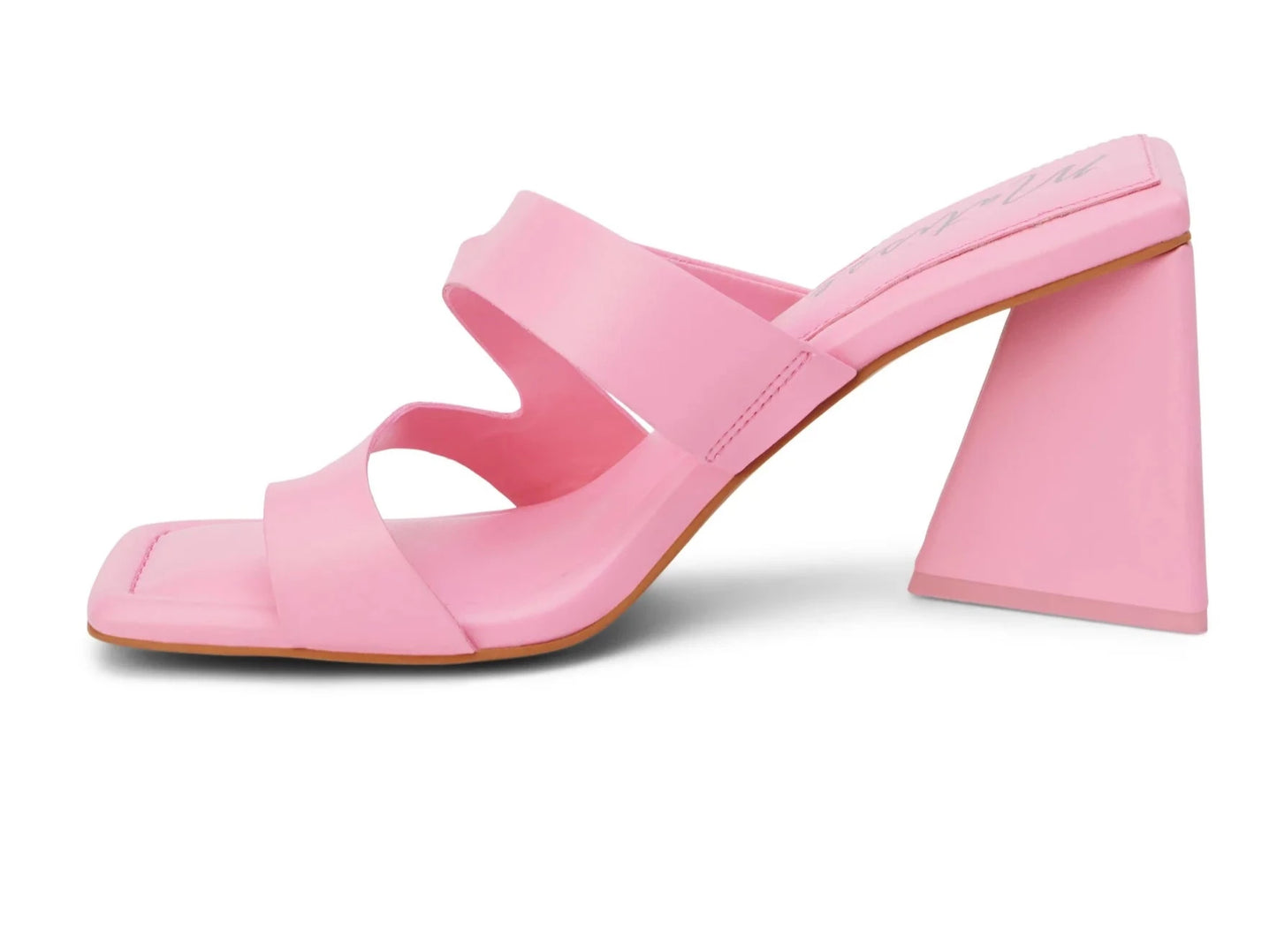 Vegan, heeled sandal with asymmetrical upper and triangular heel, pink heels, pink shoes
