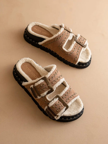 The Gaylen | Latte Studded Buckle Fleece Lined Slides