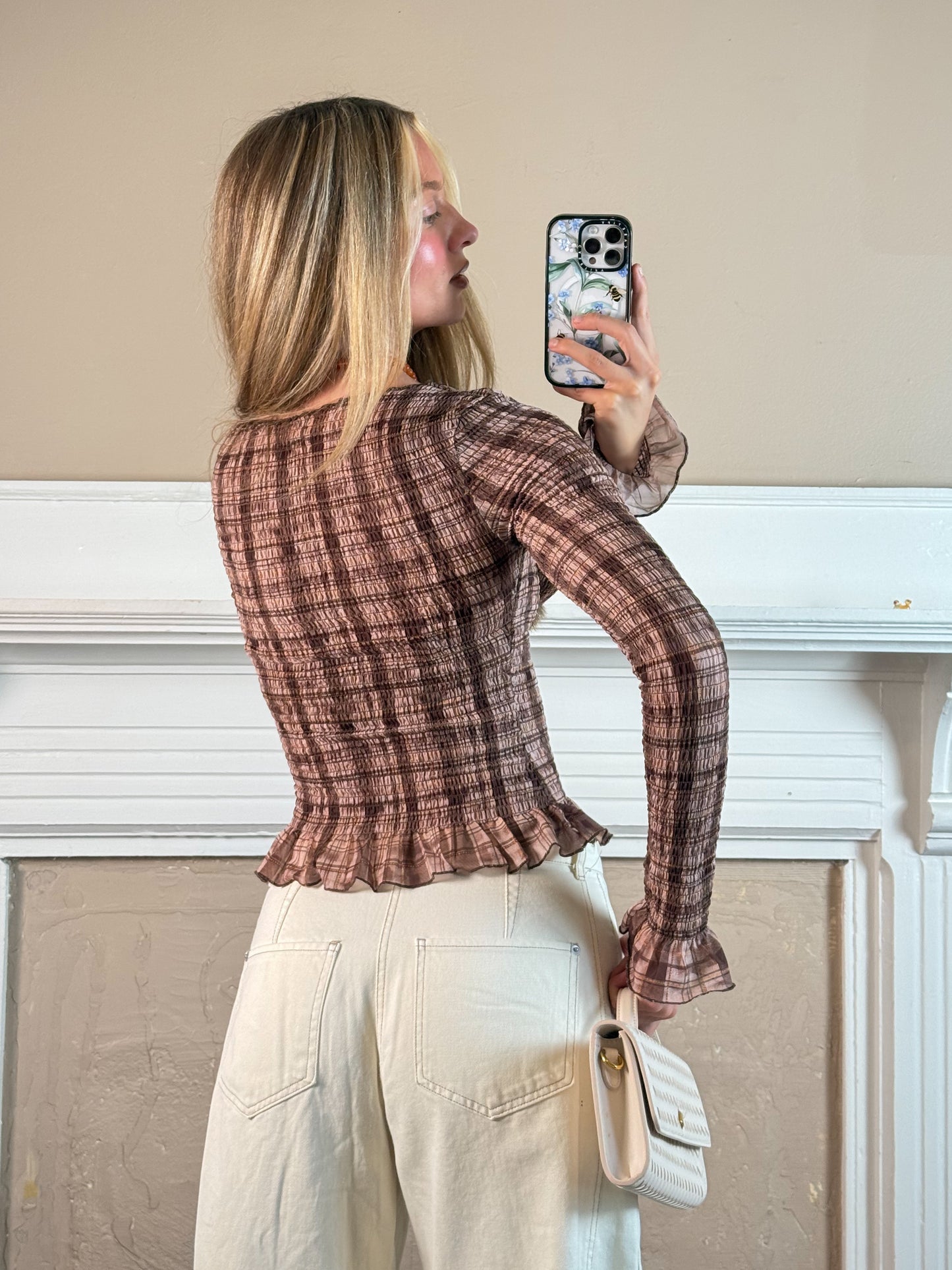 Plaid Knit Shirred Pullover