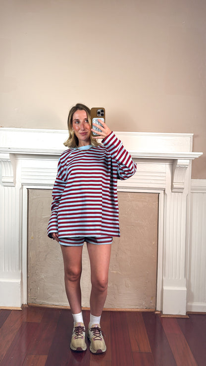 Burgundy Striped Top and Shorts Set