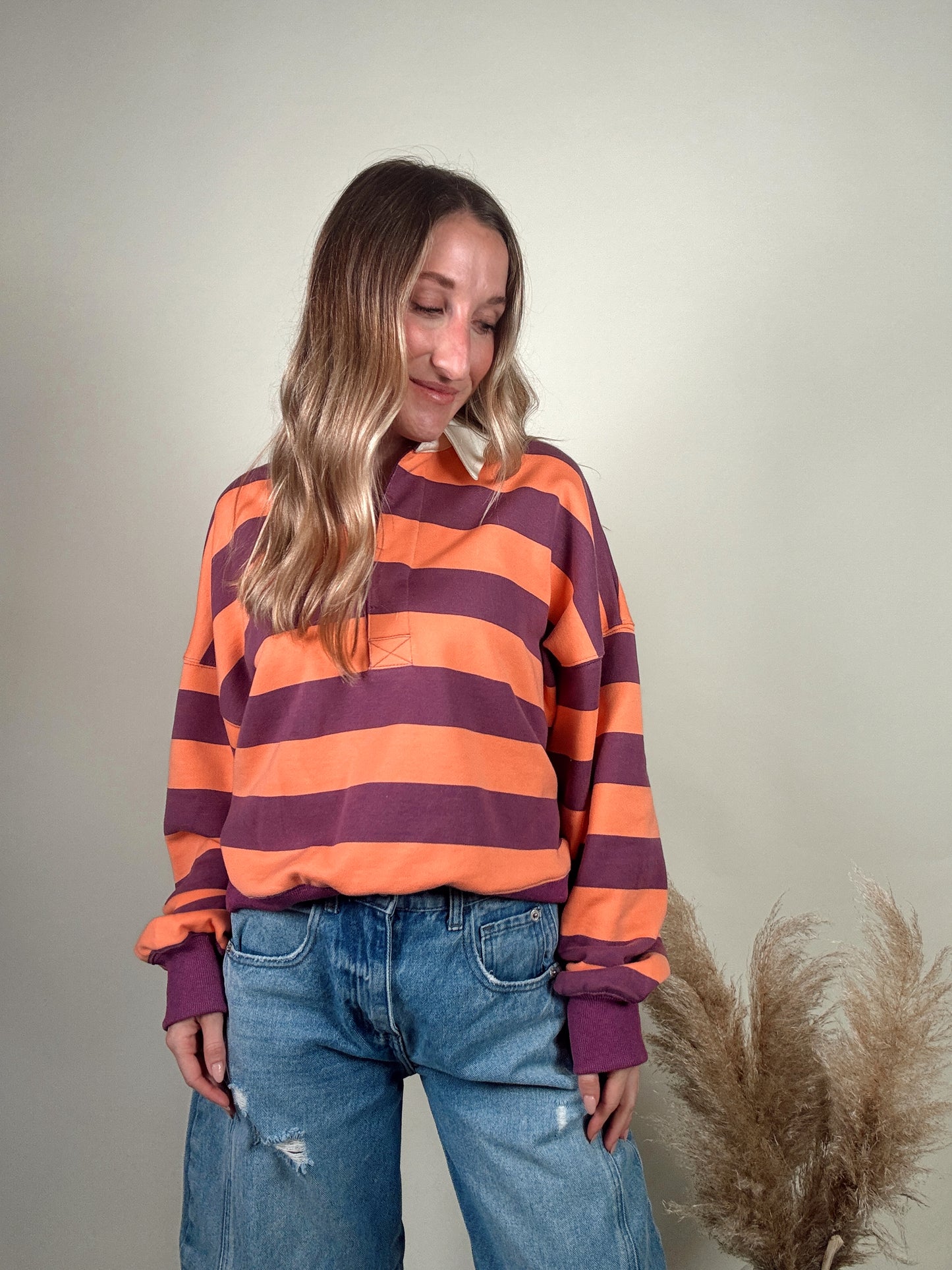 Amerie Striped Collared Pullover - Coral/Purple