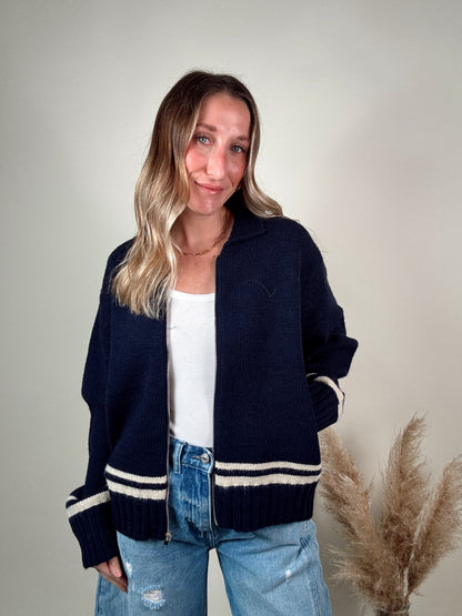 Varsity Zip-Up Knit Jacket - No.8 Navy Blue