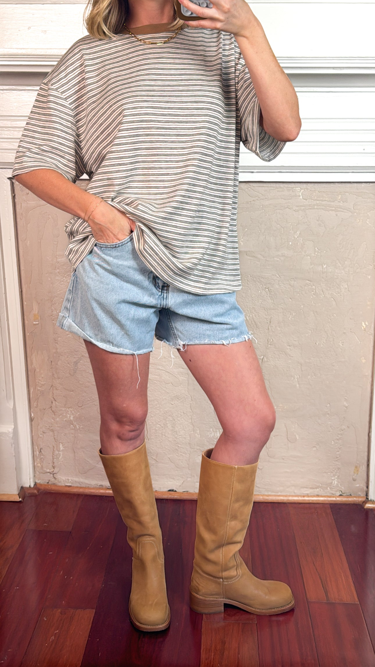 Pia Striped Oversized Tee - Ivory/Grey/Brown