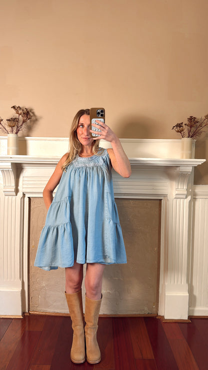 Chambray Denim Ruffle Babydoll Romper