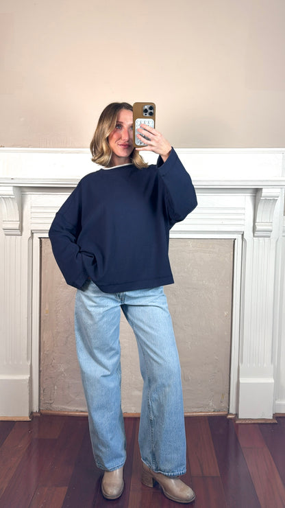 Jamie Contrast Round Neck Knit Top - Navy