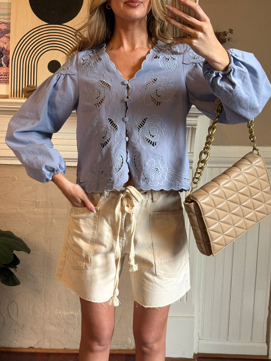 Scalloped Floral Cutout Button Blouse