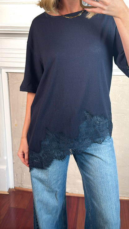 Lace Hem Tee - Navy Blue