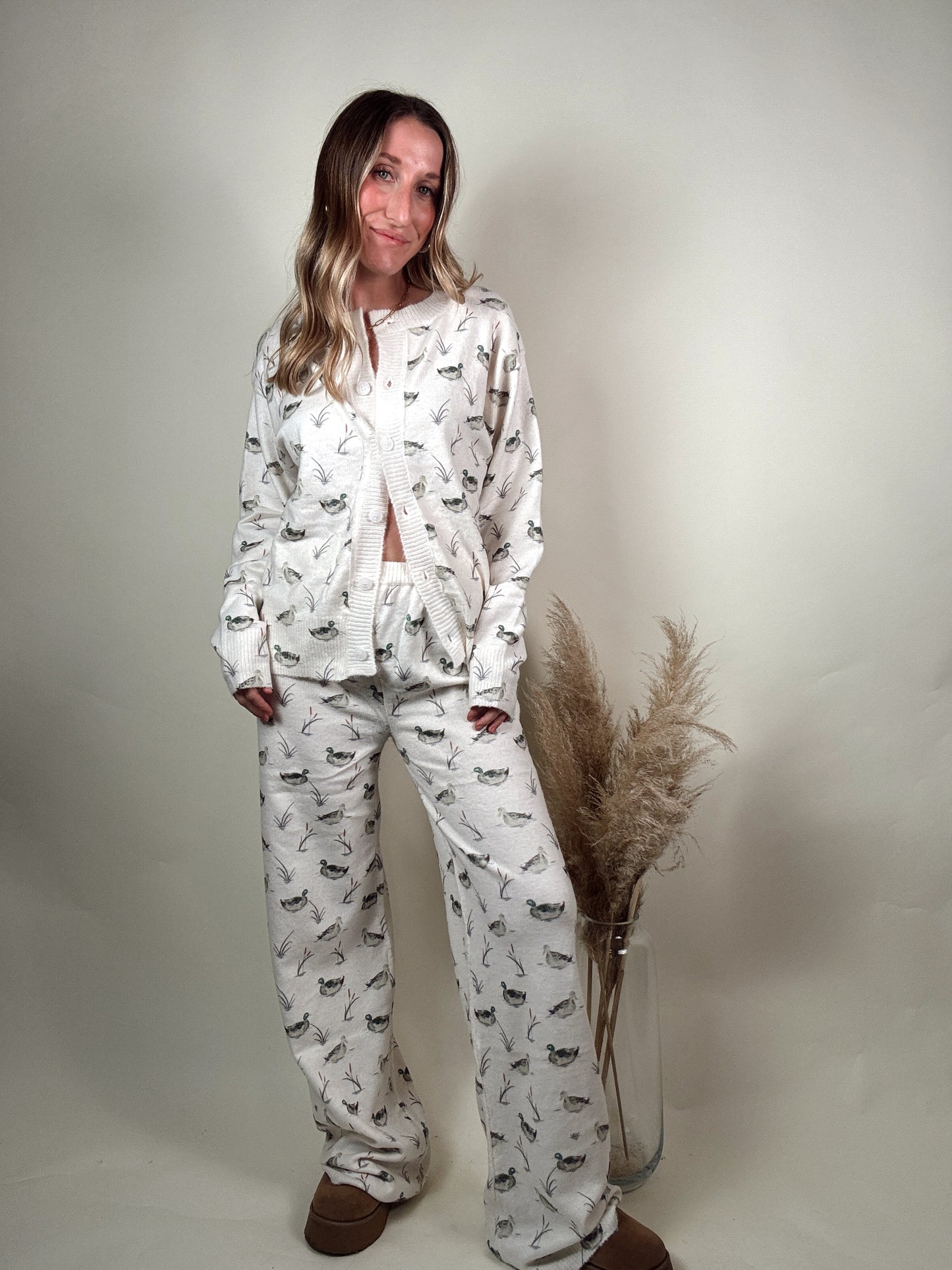 Duck Print Cardigan and Pants Set