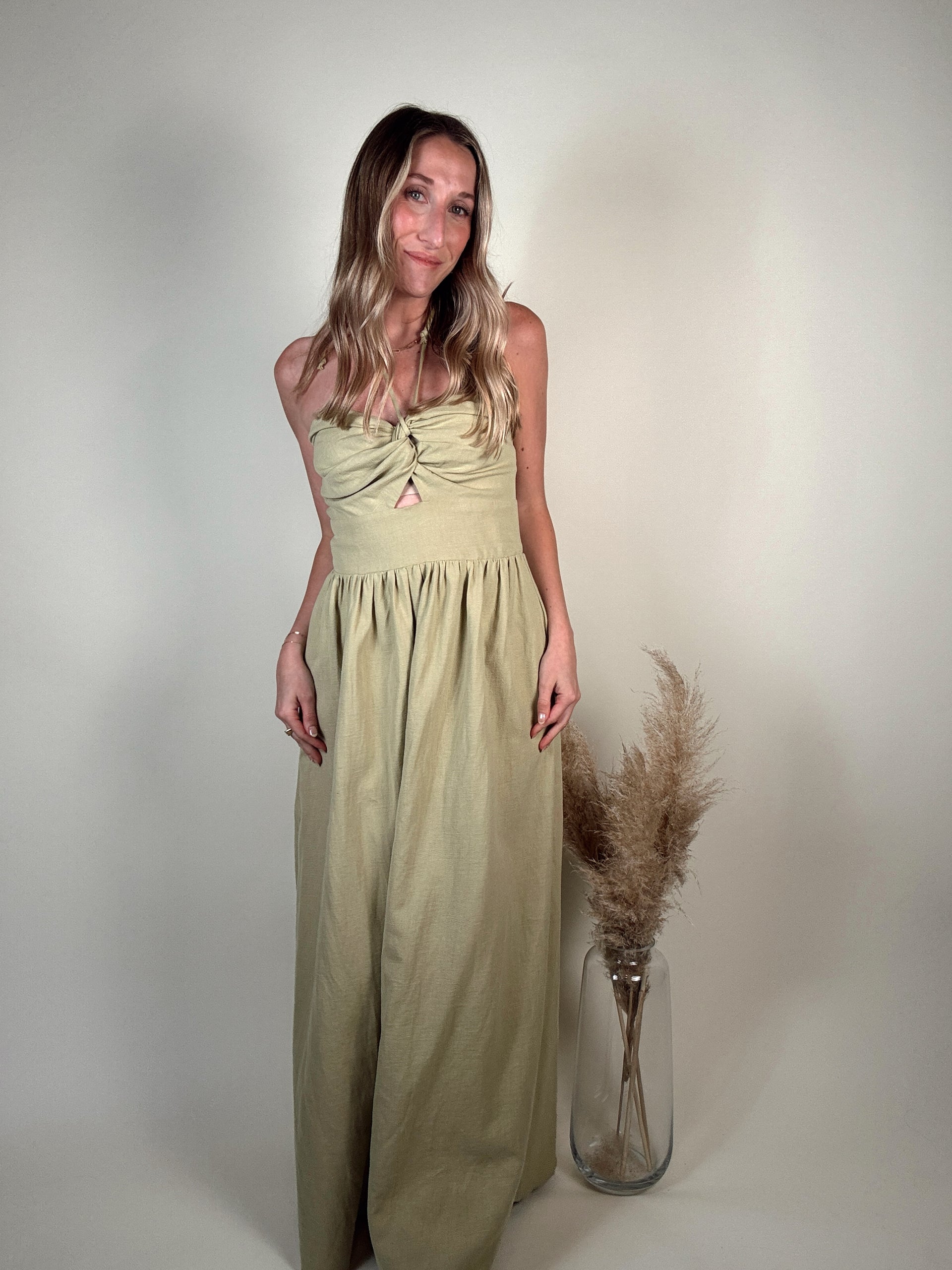 slim fit dress slacks Anaisa | Lime Green Plunge Halter-Neck Midi Dress
