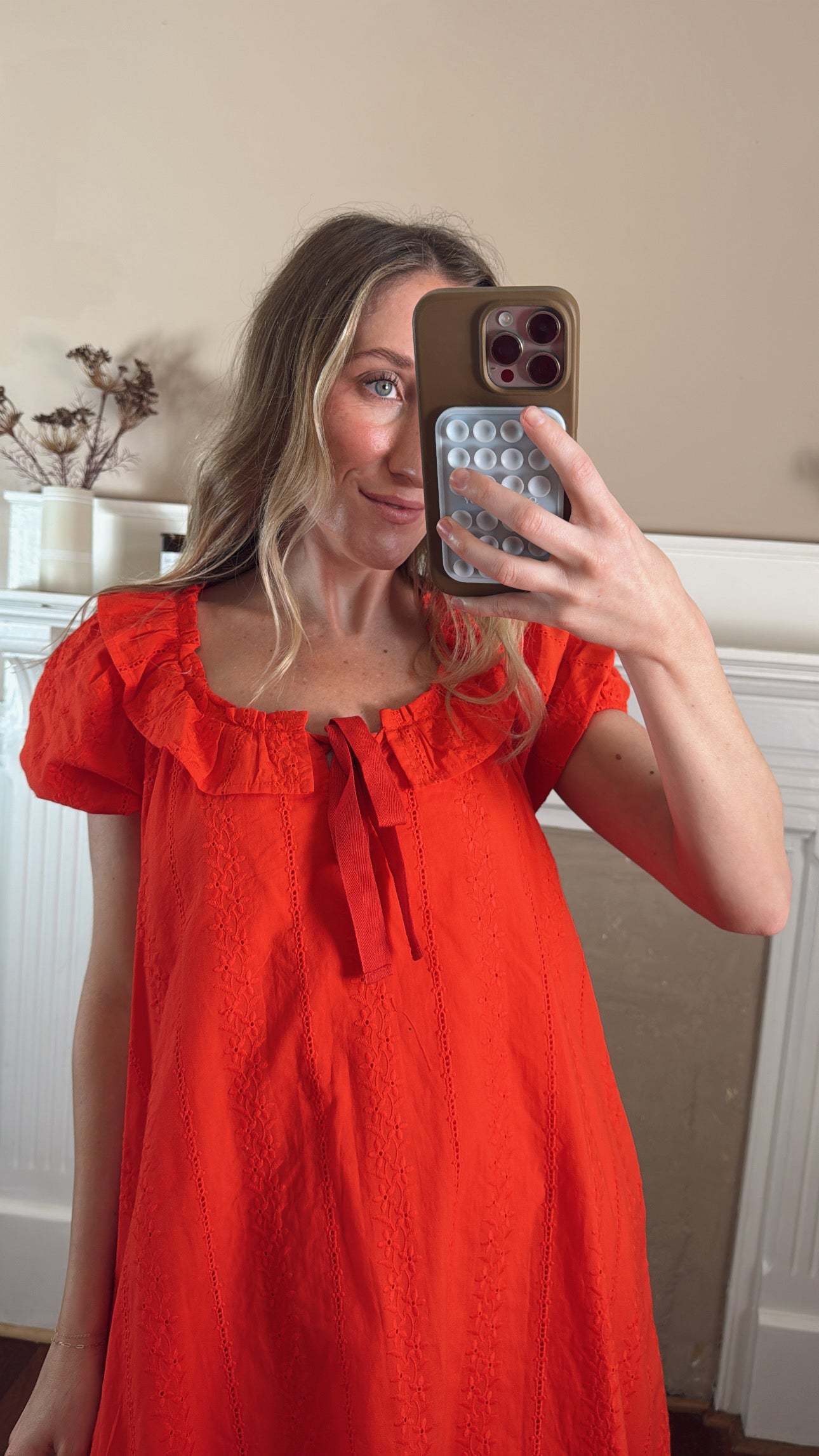 Eyelet Babydoll Mini Dress - Red