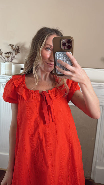 Eyelet Babydoll Mini Dress - Red
