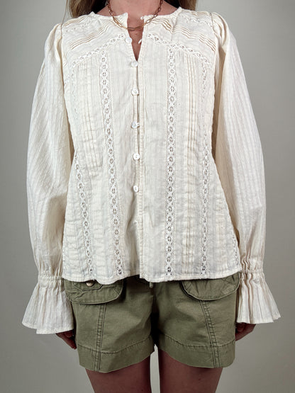 Lace Pintuck Detail Button Blouse