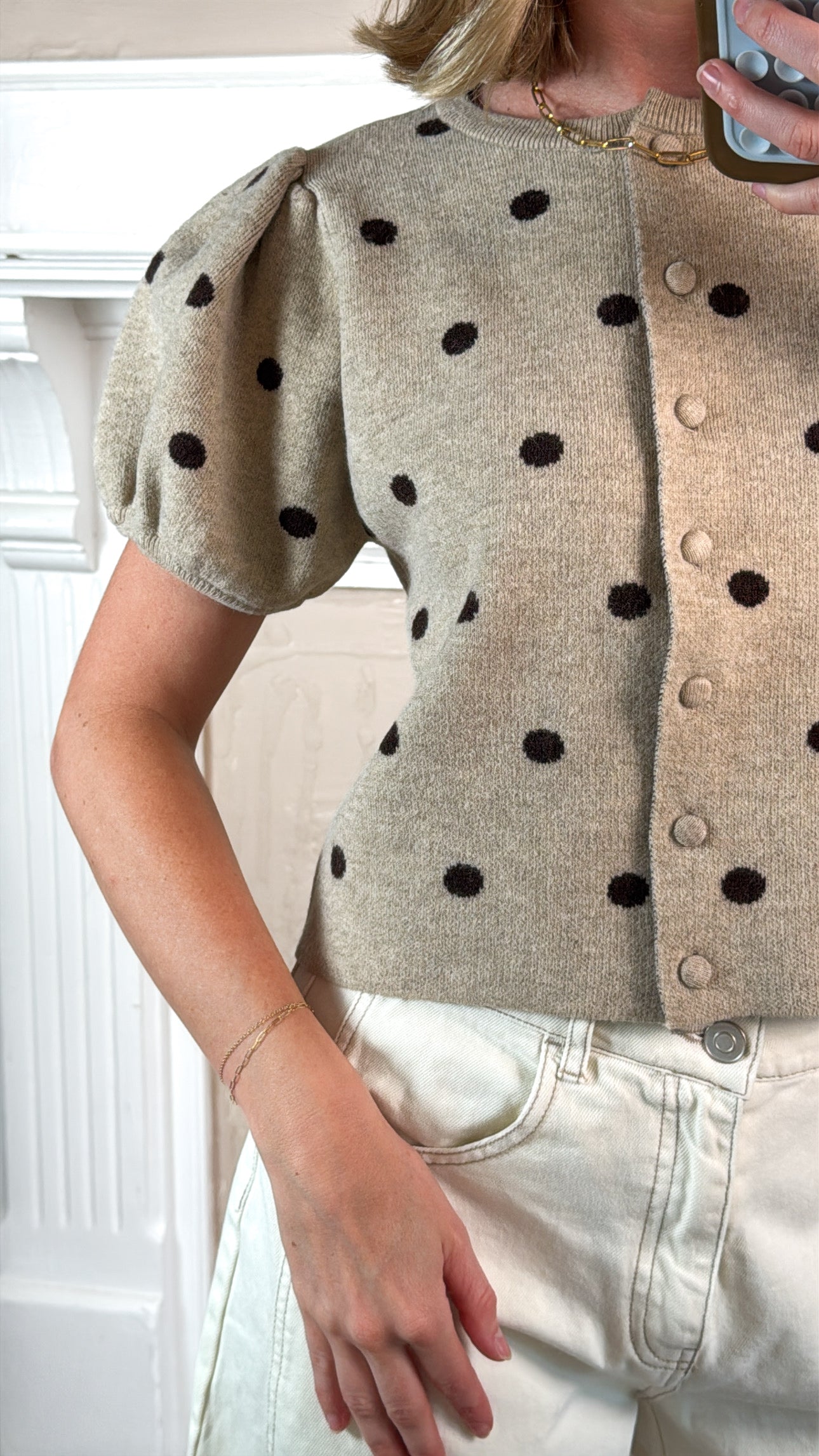 Polka Dot Puff Sleeve Knit Top