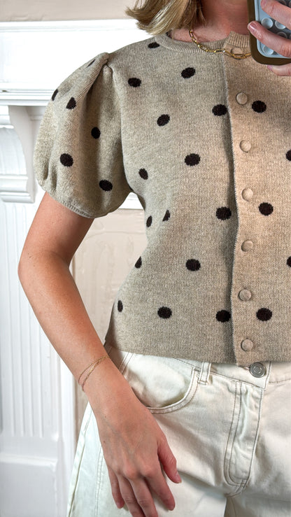 Polka Dot Puff Sleeve Knit Top