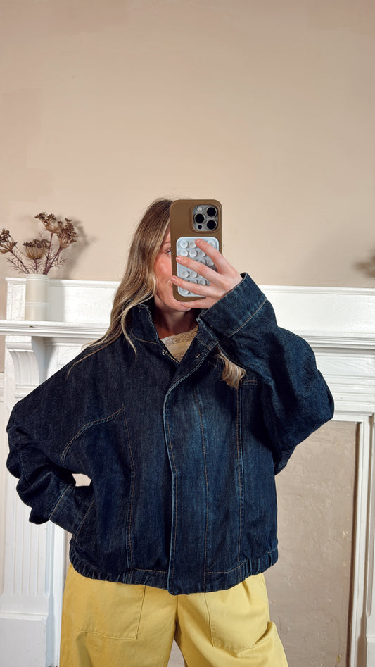 High Neck Dark Wash Denim Jacket