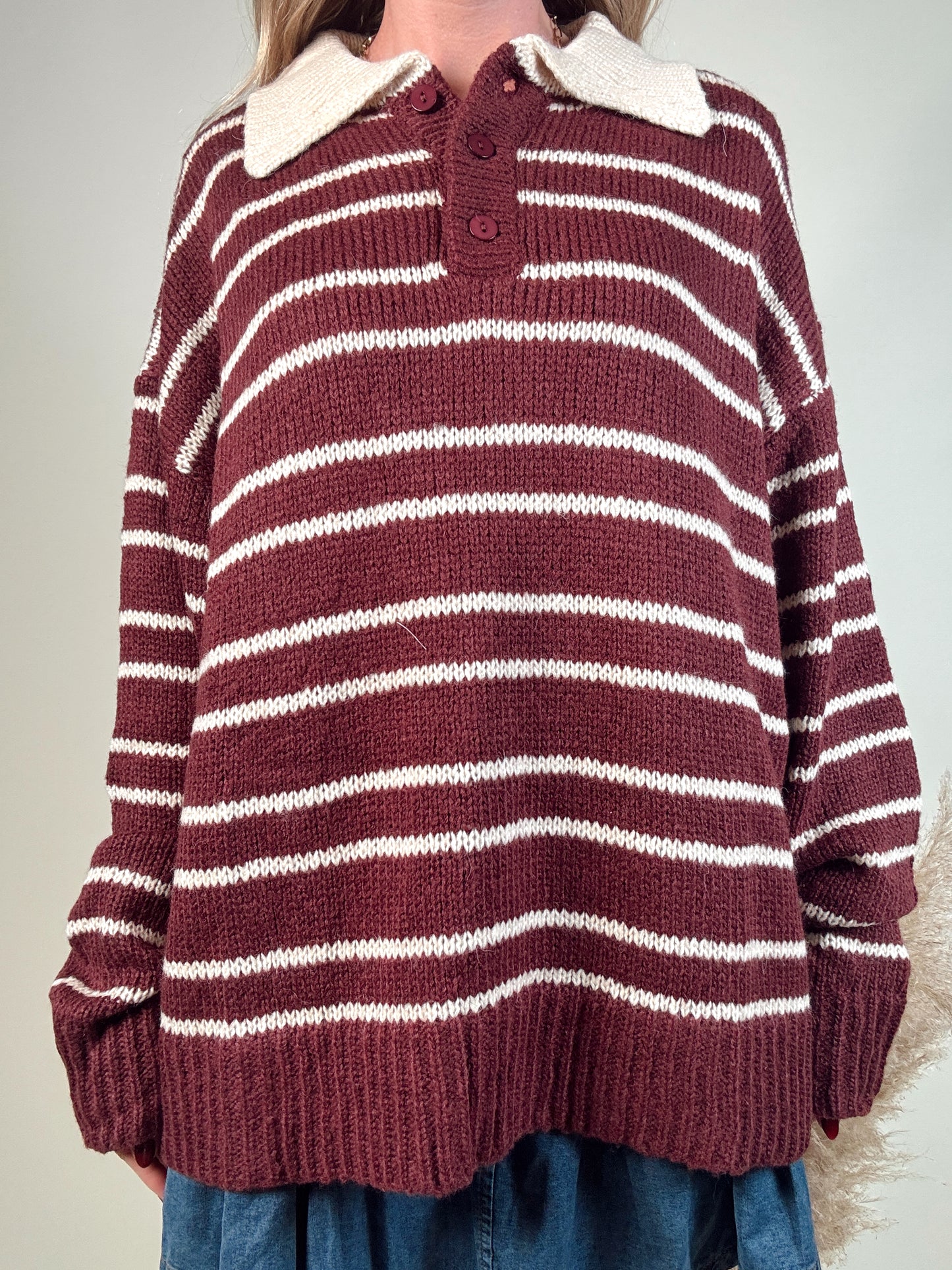 Stripe Polo Sweater - Burgundy
