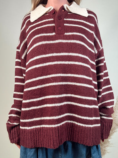 Stripe Polo Sweater - Burgundy