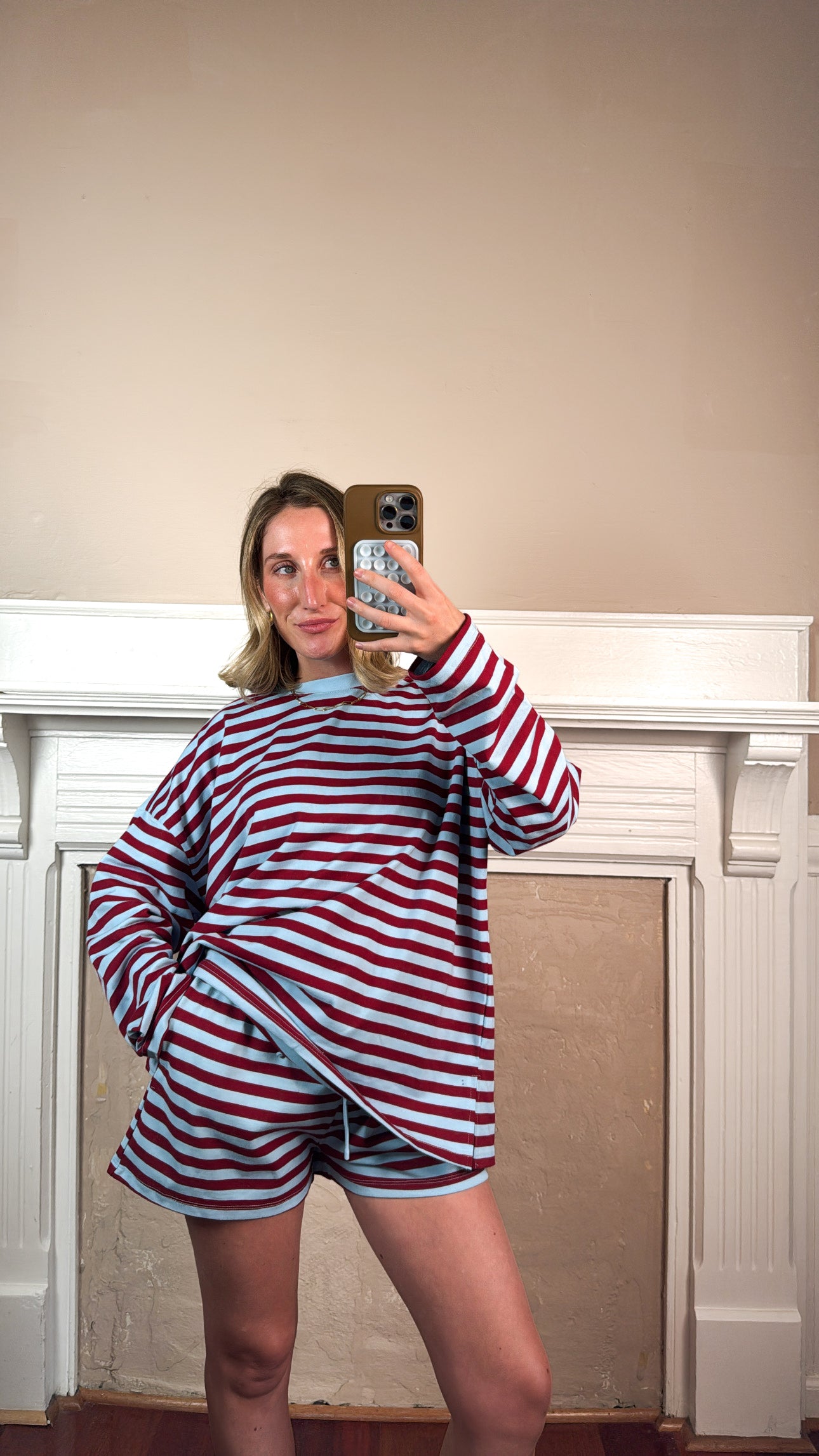 Burgundy Striped Top and Shorts Set
