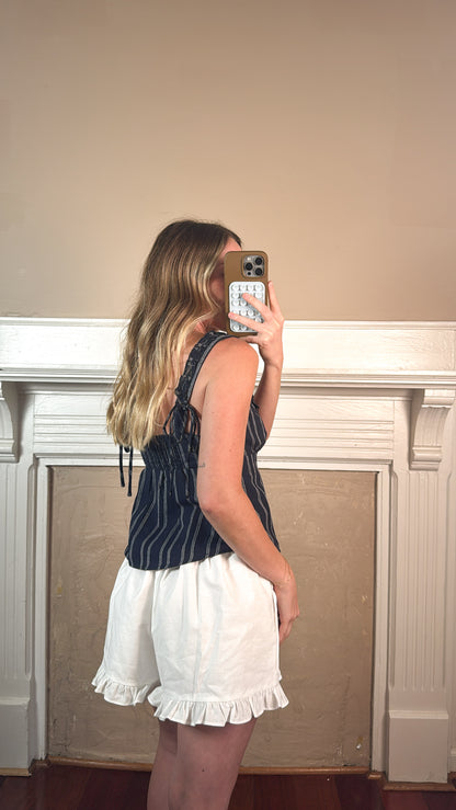 Jaden Stripe Ruffle Trim Tie Back Top