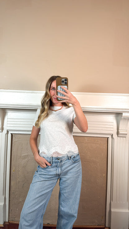 Lace Trim Short Sleeve Tee - Heather Grey