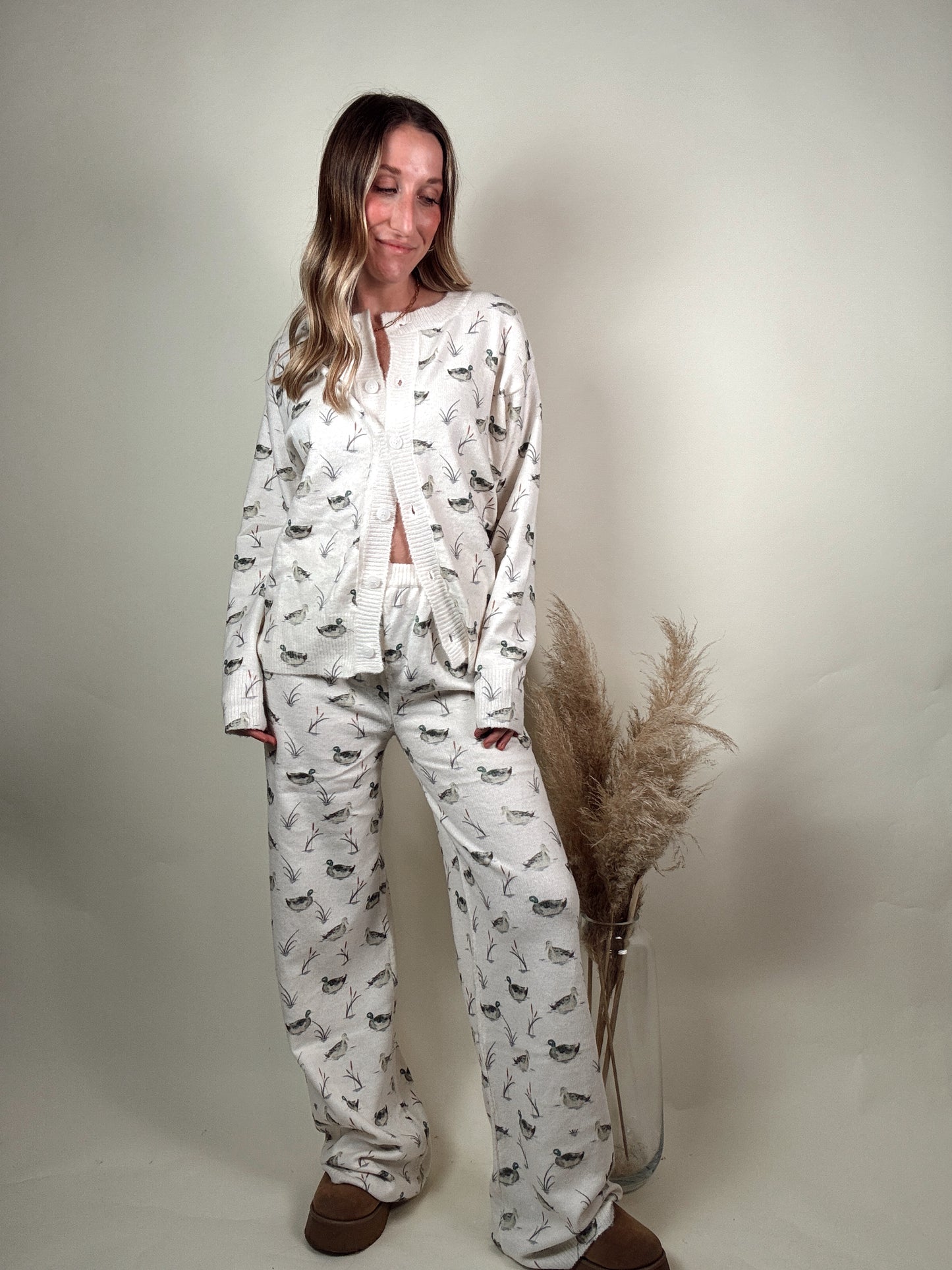 Duck Print Cardigan and Pants Set