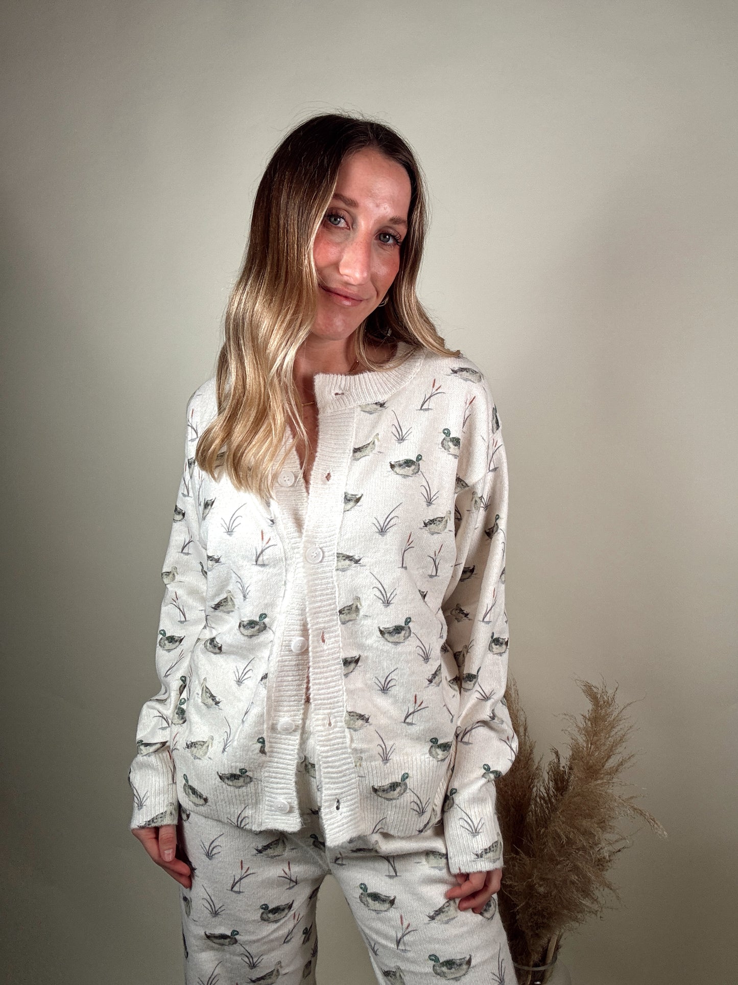 Duck Print Cardigan and Pants Set