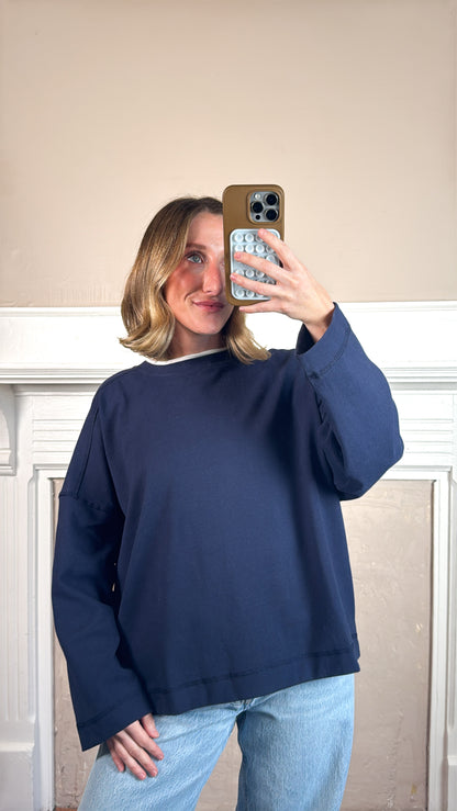 Jamie Contrast Round Neck Knit Top - Navy