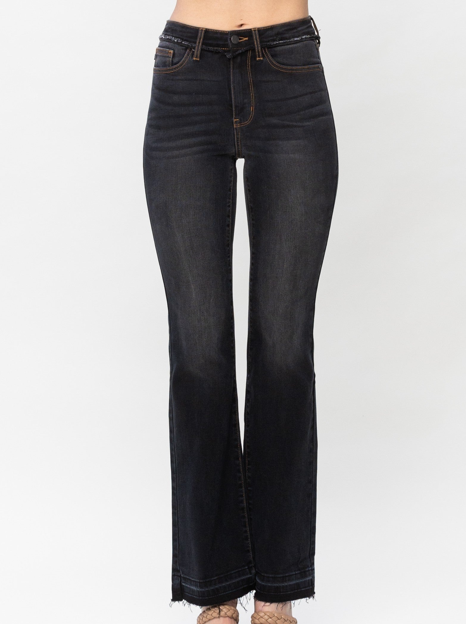Black High Waist Release Hem Slim Bootcut - Judy Blue  Slim Boot Cut Release Hem High Waist FRONT RISE: 10.63" INSEAM: 32" 65% Cotton, 21%Rayon, 11% Poly, 3% Spandex Color: Black The Black High Waist Release Hem Slim Bootcut by Judy Blue is perfect for a day out. These stylish boot cut jeans feature a modern slim fit, high waist and flattering release hem. Get ready to look your best anytime, anywhere.