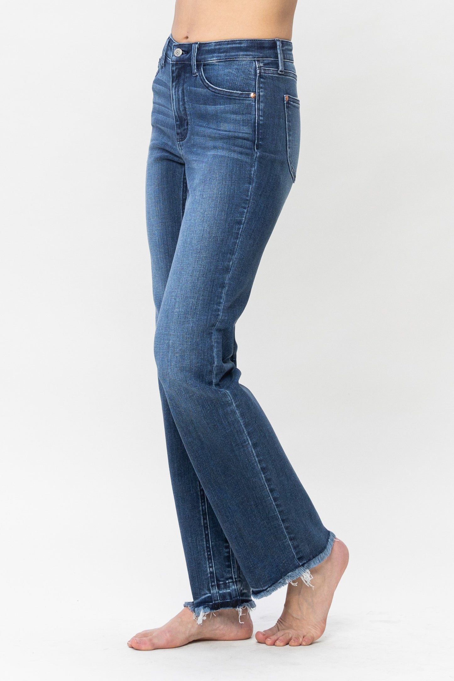 High Waist Inseam Detail & Release Hem Straight - Judy Blue  Straight leg jean Inseam Detail High Waist FRONT RISE: 11" INSEAM :32" 93% Cotton, 6% Poly, 1% Spandex Color: Blue These jeans from Judy Blue feature a high waist and inseam detail. The distressed bottoms offer a stylish look and the comfortable fit will make them your go-to for any event. With these jeans, you'll look fashionable and feel confident. Perfect amount of stretch and comfort.