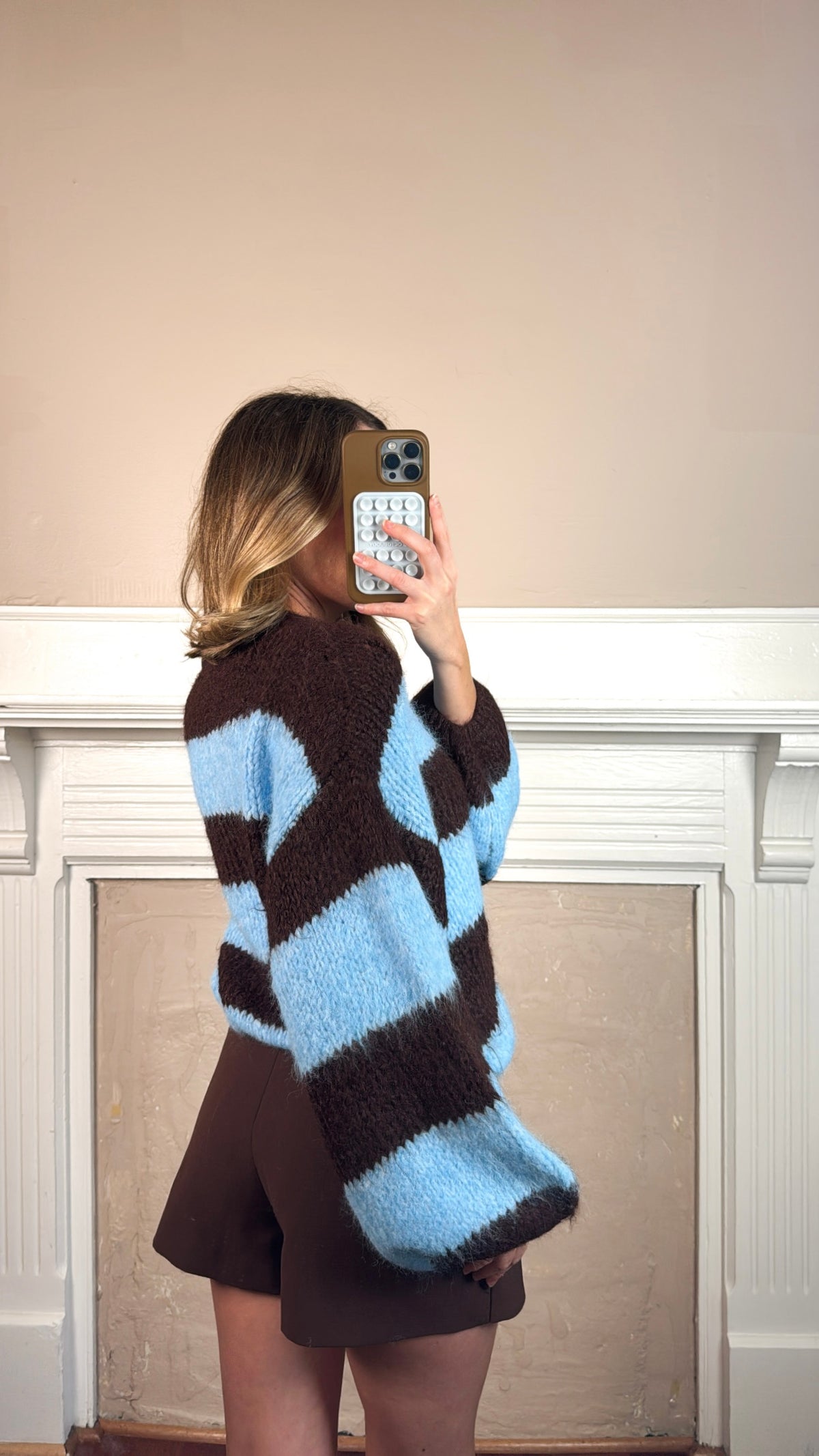 Puff Sleeve Striped Fuzzy Sweater Top - Blue