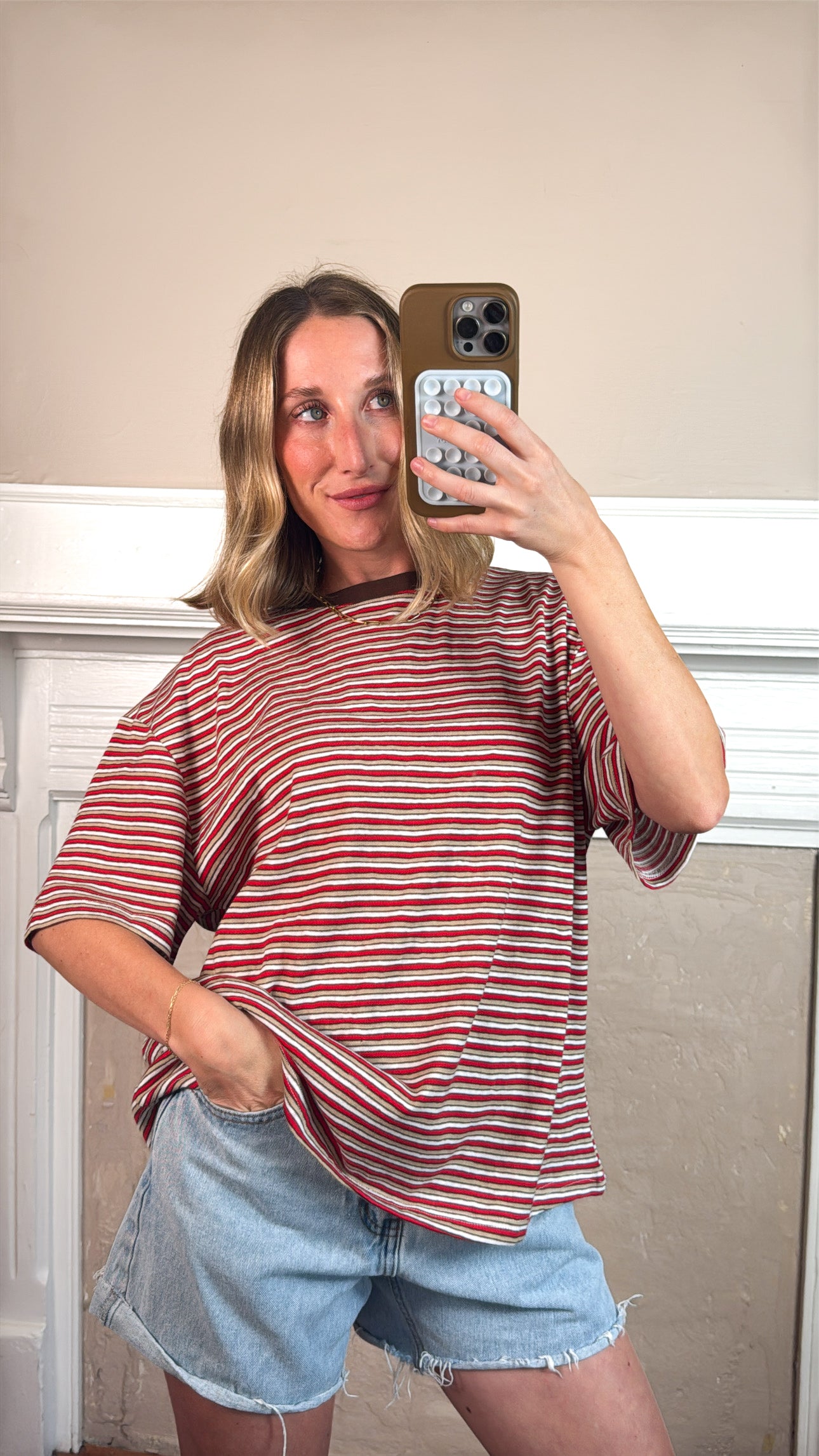 Pia Striped Oversized Tee - Red/Tan/White