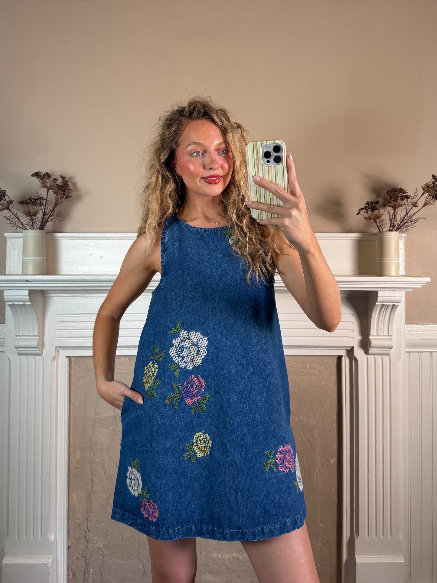 Floral Embroidered Denim Sleeveless Dress