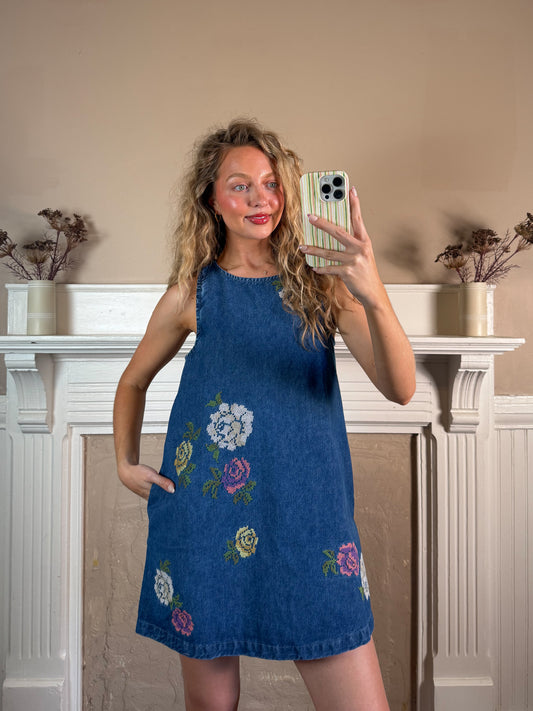 Floral Embroidered Denim Sleeveless Dress