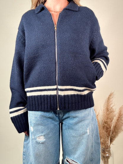 Varsity Zip-Up Knit Jacket - No.8 Navy Blue