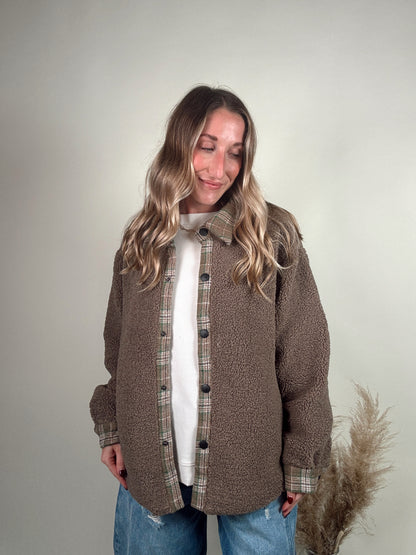 Plaid Contrast Sherpa Button Down Shacket