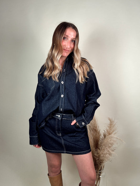 Denim Oversized Shirt and Mini Skirt Set