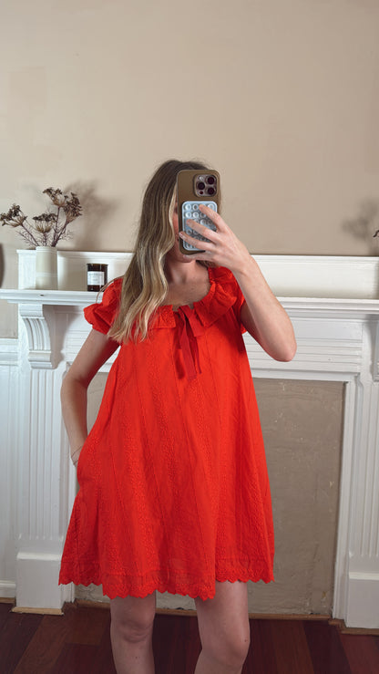 Eyelet Babydoll Mini Dress - Red
