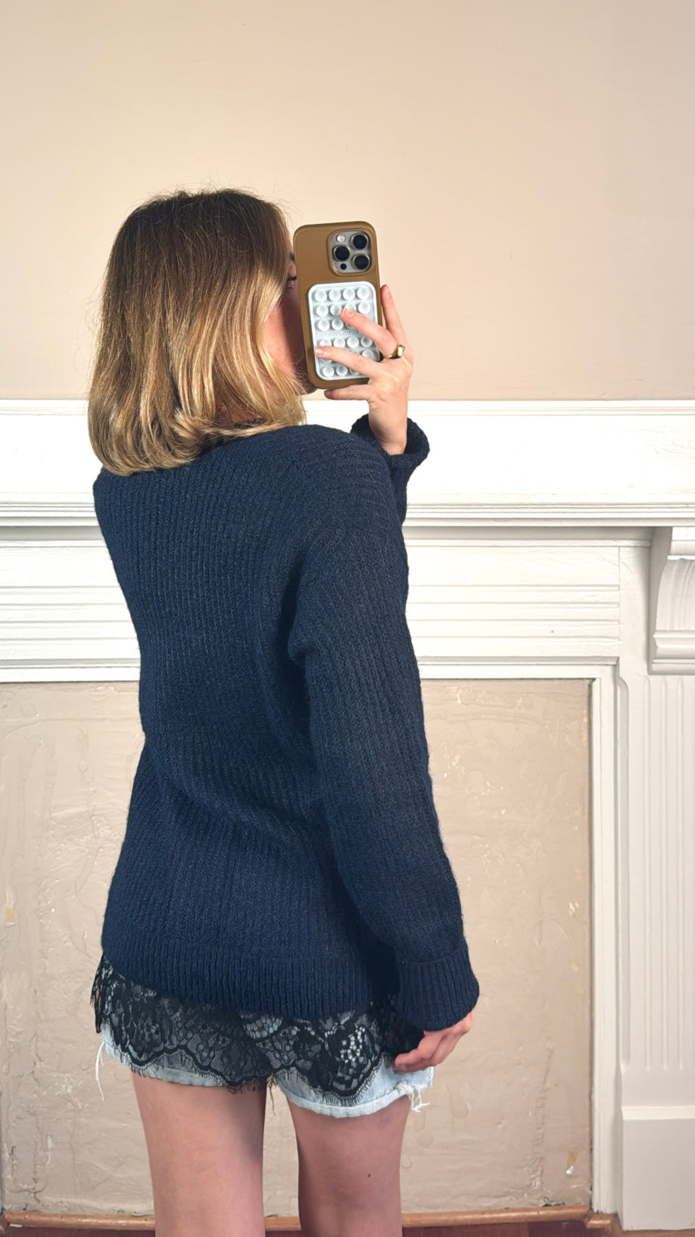 Lace-Trim V-Neck Knit Sweater