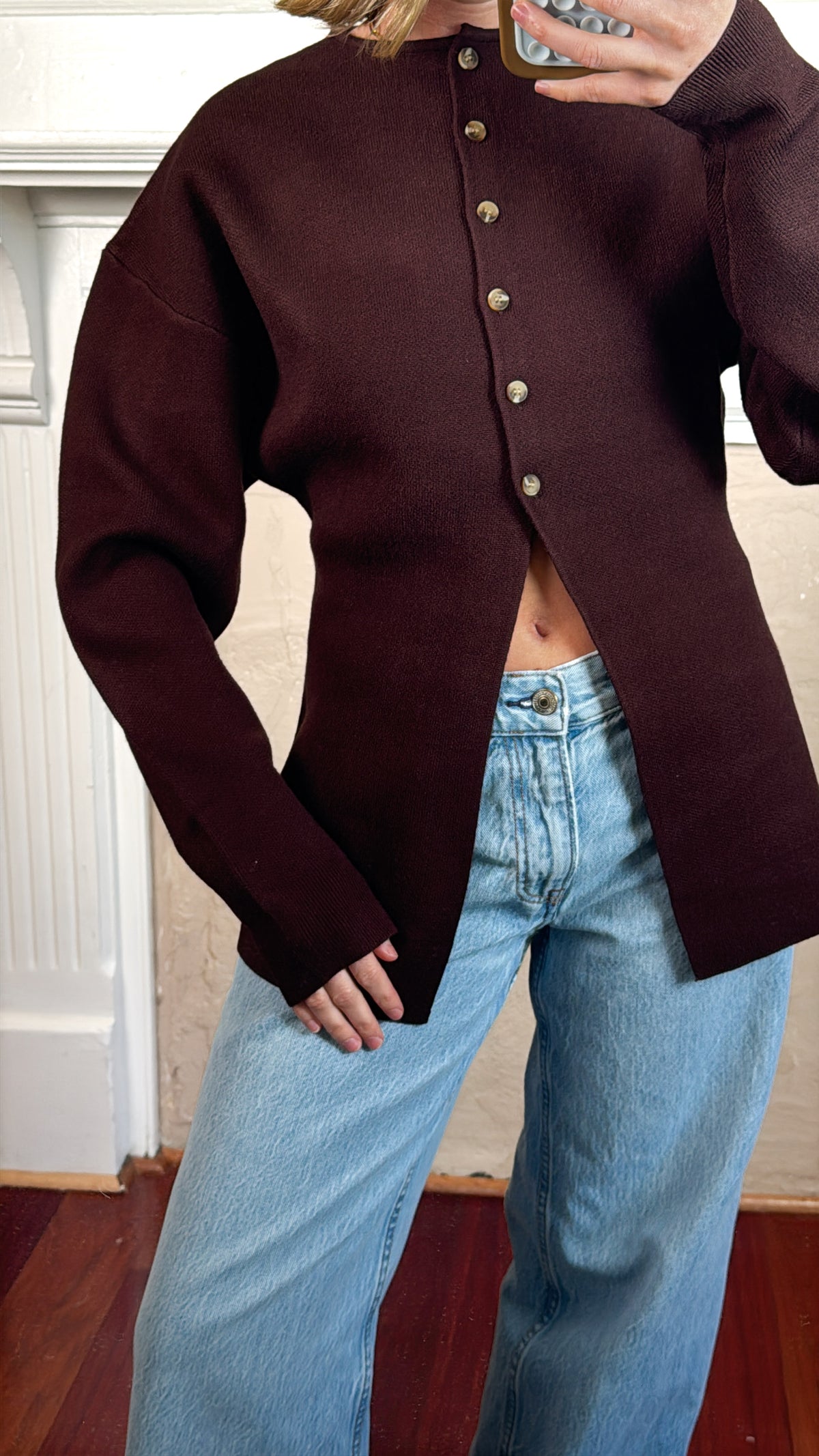 Cara Button Front Peplum Sweater - Brown