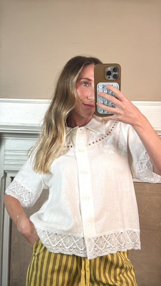 Embroidered Lace Trim Button Blouse