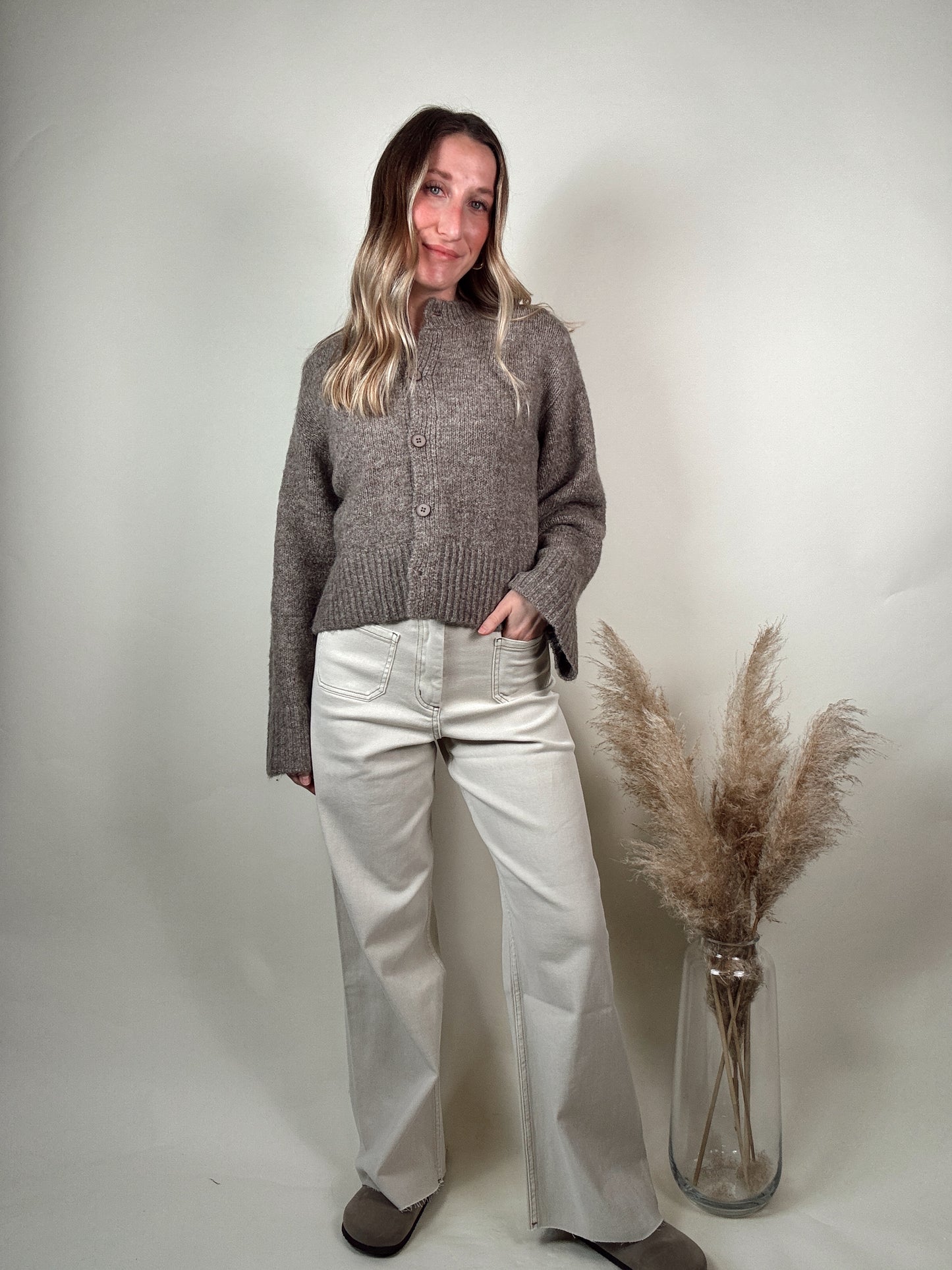 Washed Beige Wide Leg Denim Pants