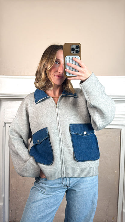 Zip Up Knit Denim Sweater