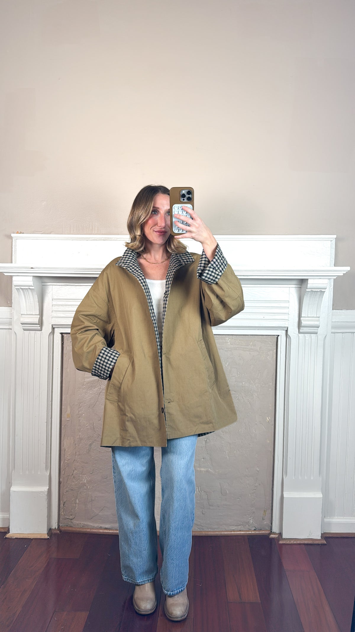 Plaid Lined Stand Collar Cotton Coat - Camel