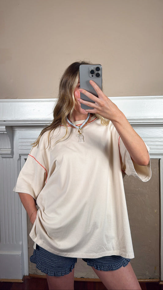Contrast Stitch Mineral Washed Tee - Cream