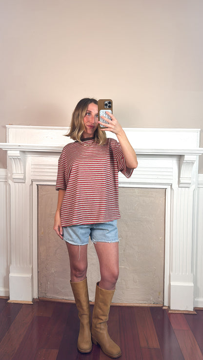 Pia Striped Oversized Tee - Red/Tan/White