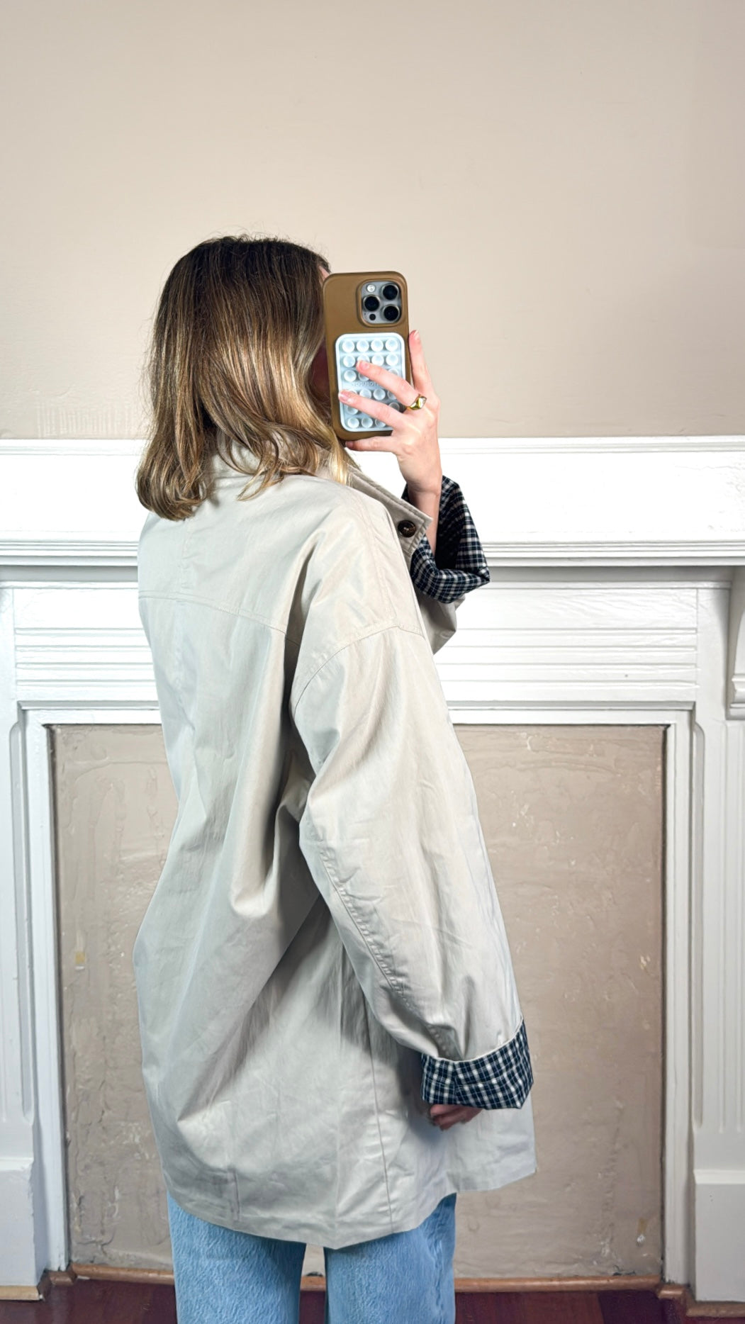 Plaid Lined Stand Collar Cotton Coat