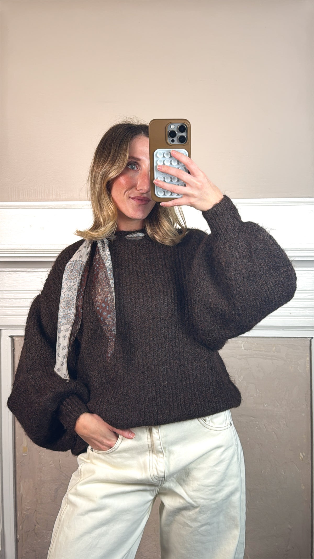 Satin Scarf Sweater - Brown